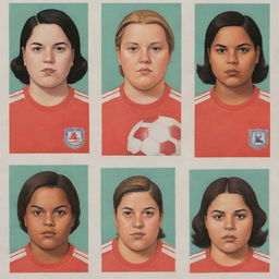 Create three individual illustrated portraits of fat, mixed-race girl soccer players, rendered in the unique style of Daniel Clowes