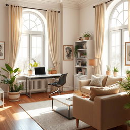 A beautifully designed living room featuring a cozy workspace