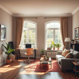 A beautifully designed living room featuring a cozy workspace