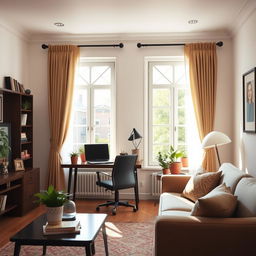 A beautifully designed living room featuring a cozy workspace