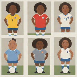 Generate three individual illustrated portraits of fat, mixed-race girl soccer players, drawn in the distinct style of Chris Ware