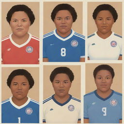 Generate three individual illustrated portraits of fat, mixed-race girl soccer players, drawn in the distinct style of Chris Ware