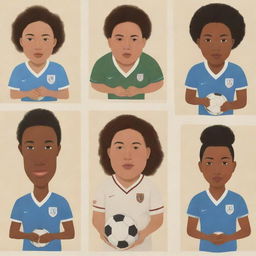 Generate three individual illustrated portraits of fat, mixed-race girl soccer players, drawn in the distinct style of Chris Ware