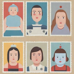 Generate three individual illustrated portraits of fat, robot girls, in the distinct style of Chris Ware