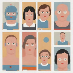 Generate three individual illustrated portraits of fat, robot girls, in the distinct style of Chris Ware