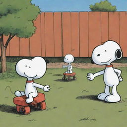 Generate an image of three robots engaging in playful activities in a yard, depicted in the heartfelt and simplistic style of the comic strip 'Peanuts'