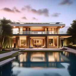 Imagine a luxurious home with modern architecture, spacious rooms, premium furniture, and ample natural lighting. The exterior is adorned with landscaped gardens and a sleek infinity pool.