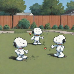 Generate an image of three robots engaging in playful activities in a yard, depicted in the heartfelt and simplistic style of the comic strip 'Peanuts'