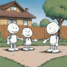 Generate an image of three robots engaging in playful activities in a yard, depicted in the heartfelt and simplistic style of the comic strip 'Peanuts'