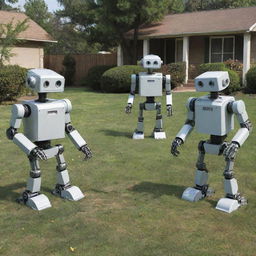 Generate an image of three robots playing in a yard, portrayed in the imaginative, detailed, and expressive style of the comic strip 'Calvin & Hobbes'