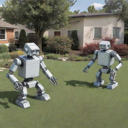 Generate an image of three robots playing in a yard, portrayed in the imaginative, detailed, and expressive style of the comic strip 'Calvin & Hobbes'