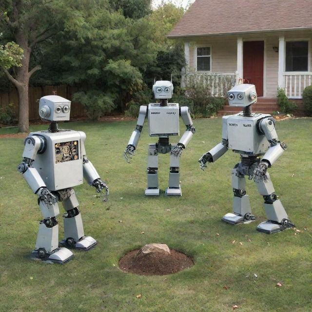 Generate an image of three robots playing in a yard, portrayed in the imaginative, detailed, and expressive style of the comic strip 'Calvin & Hobbes'