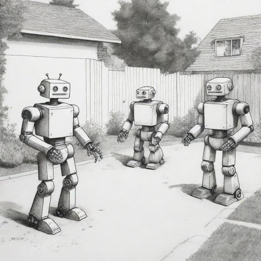 Create an image of three robots playing in a yard, depicted in the black ink, stark, socially conscious style of the comic strip 'Mafalda'