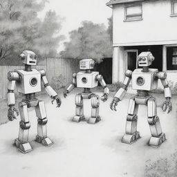 Create an image of three robots playing in a yard, depicted in the black ink, stark, socially conscious style of the comic strip 'Mafalda'