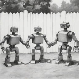 Create an image of three robots playing in a yard, depicted in the black ink, stark, socially conscious style of the comic strip 'Mafalda'