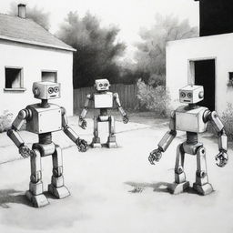 Create an image of three robots playing in a yard, depicted in the black ink, stark, socially conscious style of the comic strip 'Mafalda'