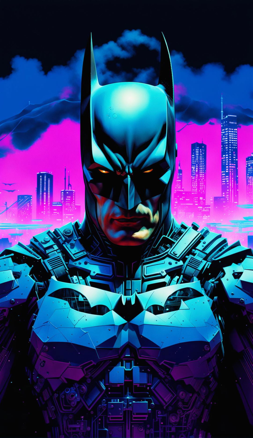 A 32k resolution poster featuring an intricate cyborg Batman against a pastel background.