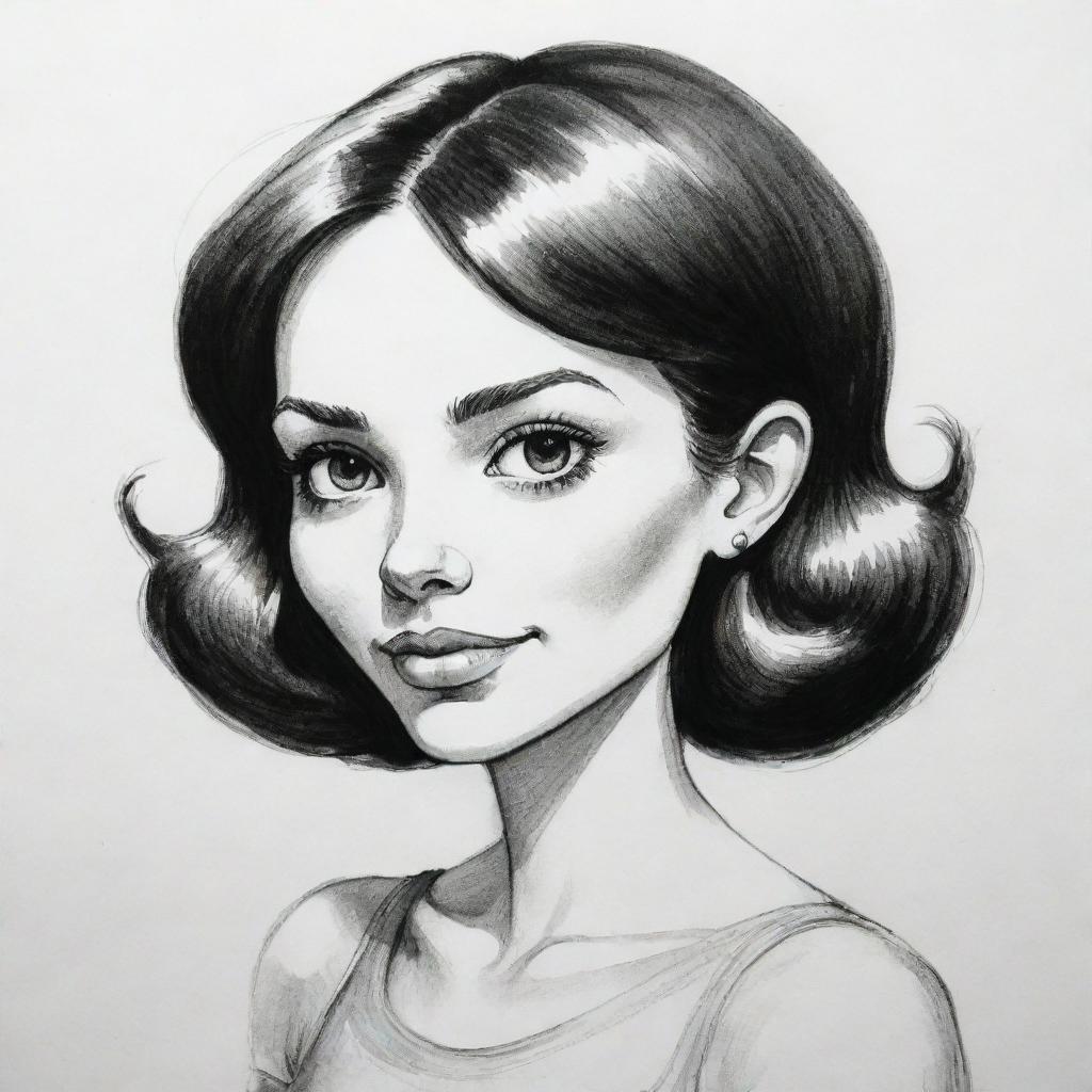 Sketch a caricature of a girl using black ink on a white background, capturing the distinct style of illustrations from old 70s counter-culture magazines