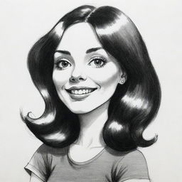 Sketch a caricature of a girl using black ink on a white background, capturing the distinct style of illustrations from old 70s counter-culture magazines