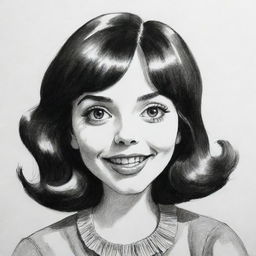 Sketch a caricature of a girl using black ink on a white background, capturing the distinct style of illustrations from old 70s counter-culture magazines