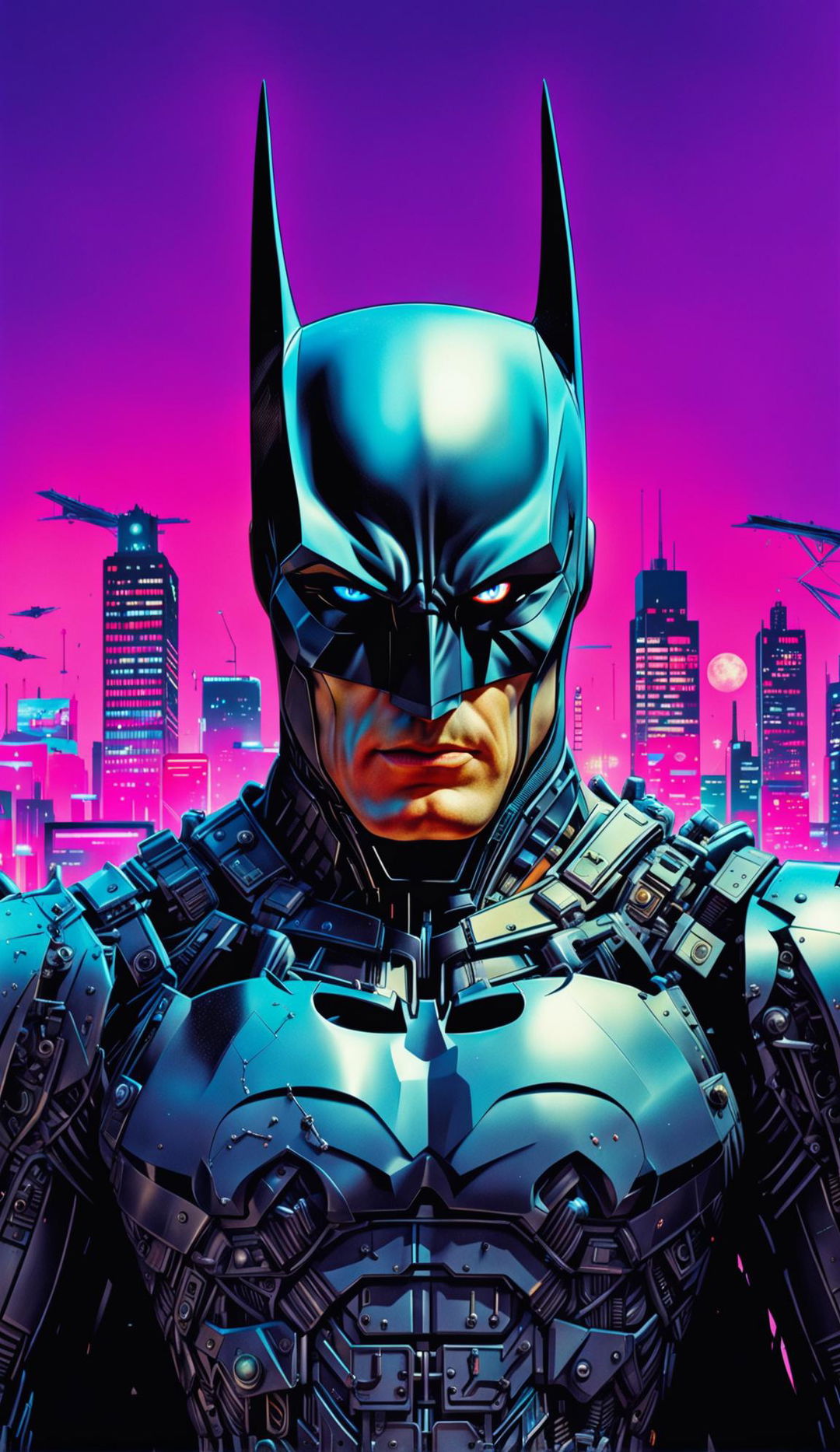 A 32k resolution poster featuring an intricate robot Batman against a bright pastel background.