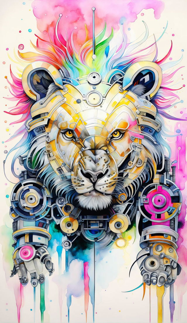 An abstract watercolor painting featuring a detailed mecha lion against a bright pastel background in 32k resolution.