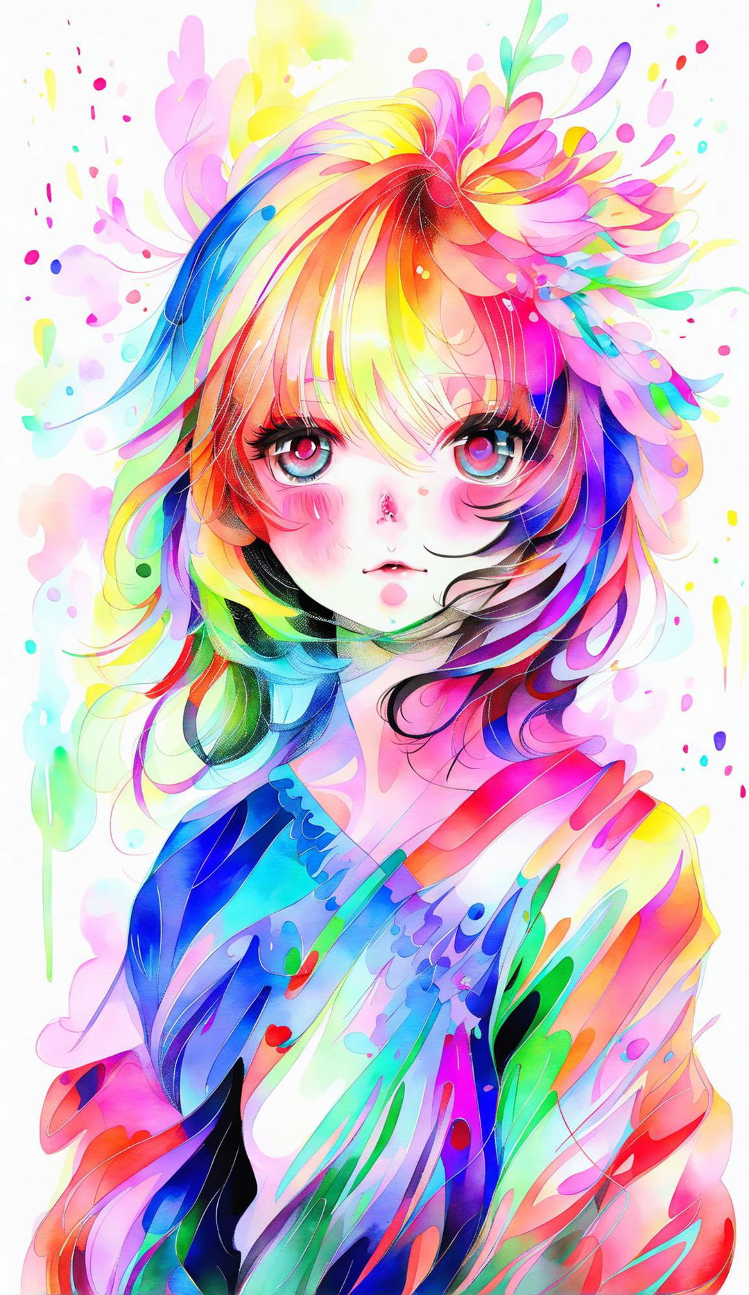 Abstract watercolor painting featuring a detailed anime girl against a bright pastel background in 32k resolution.