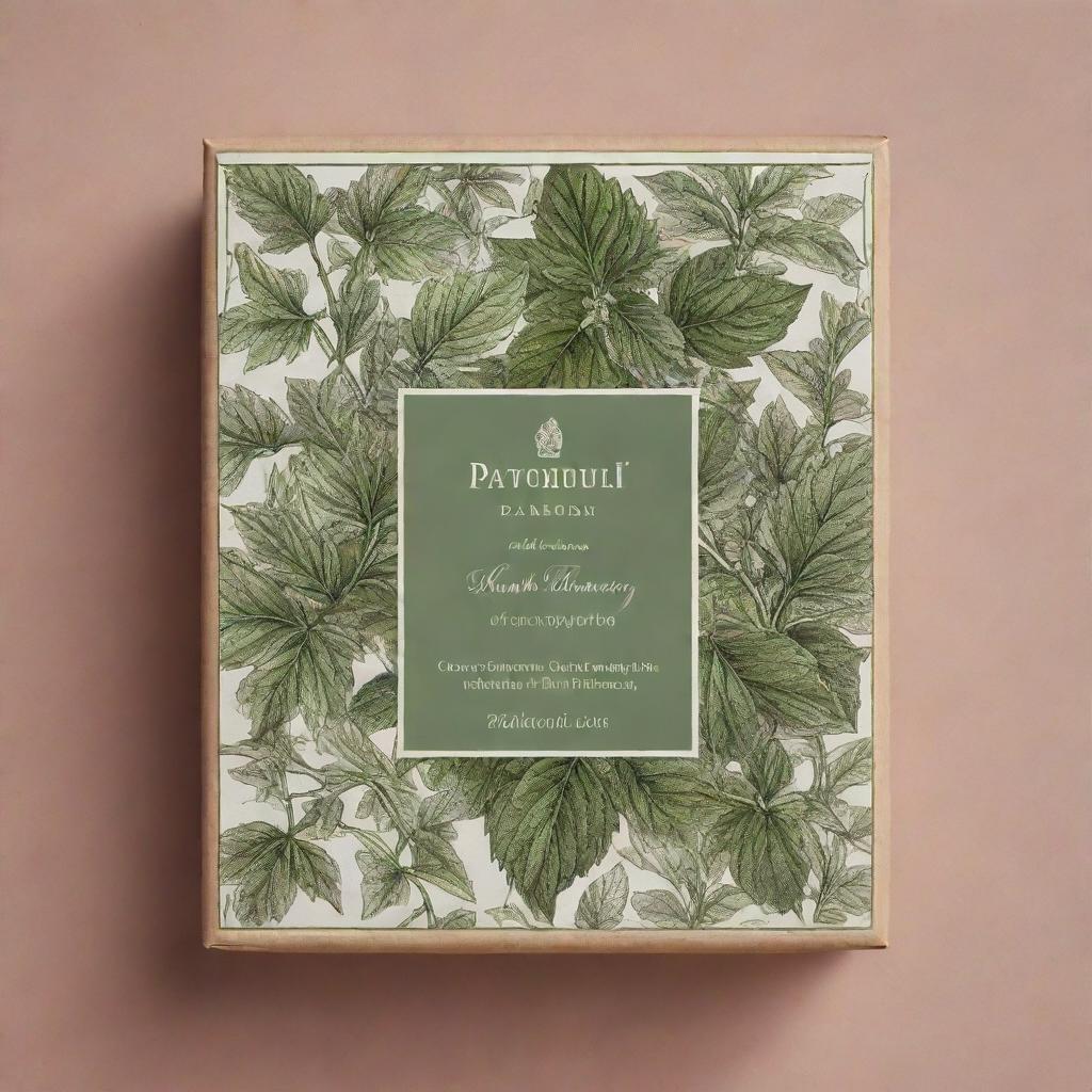 An intricate package design that features a detailed drawing of patchouli plant