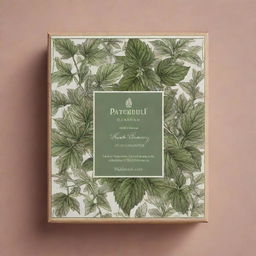 An intricate package design that features a detailed drawing of patchouli plant