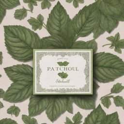 An intricate package design that features a detailed drawing of patchouli plant