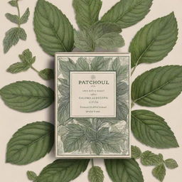 An intricate package design that features a detailed drawing of patchouli plant