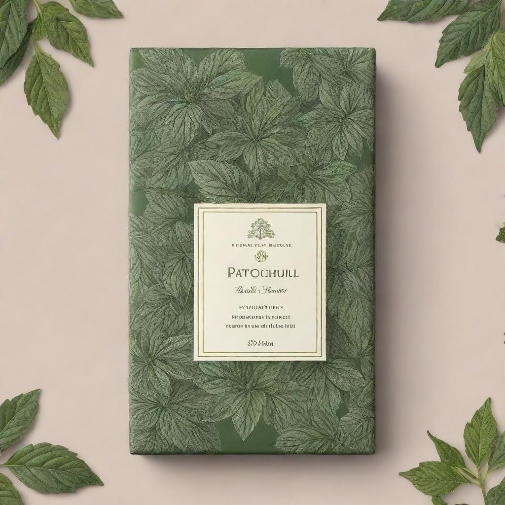 An intricate package design that features a detailed drawing of patchouli plant