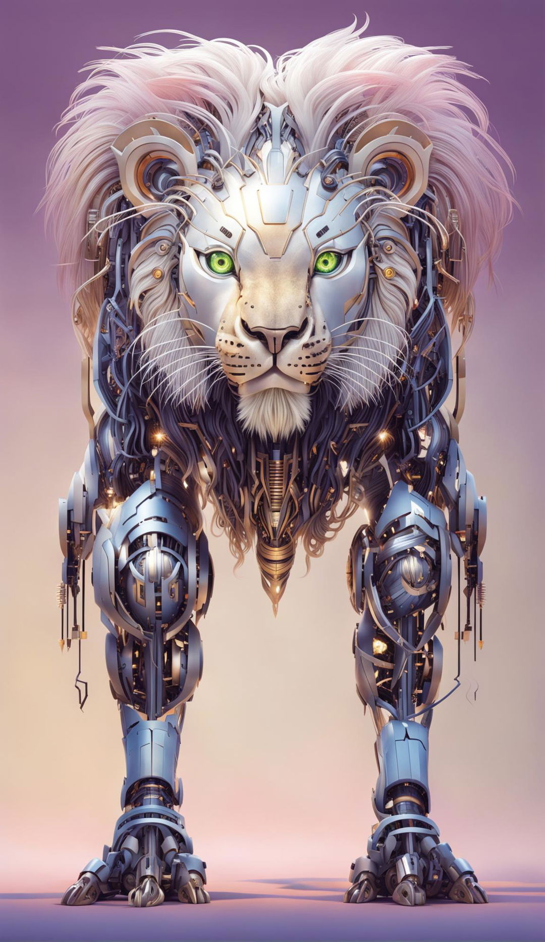 32k resolution poster featuring a detailed mecha lion against a bright pastel background.