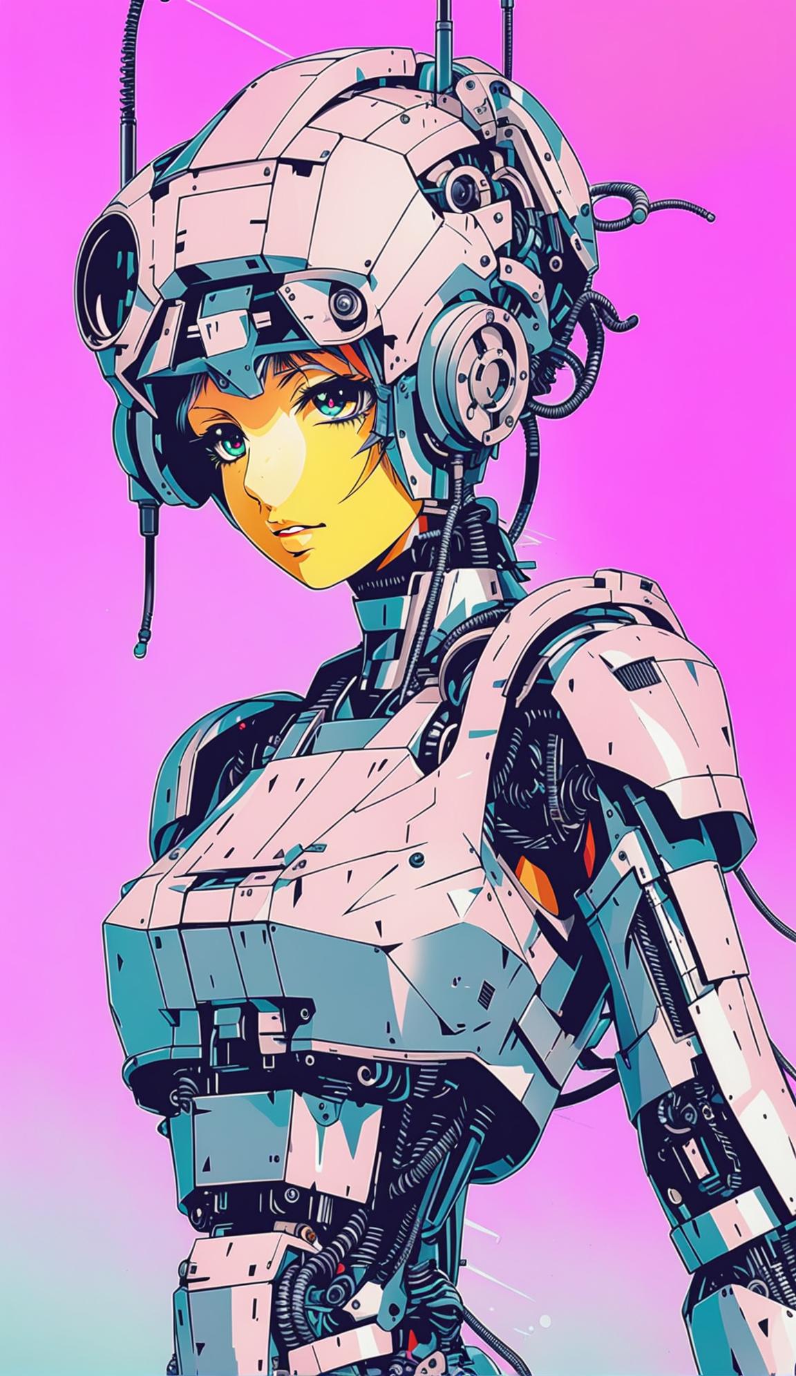 High-resolution 32k poster featuring a detailed mecha girl against a bright pastel background.