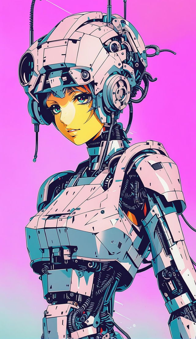 High-resolution 32k poster featuring a detailed mecha girl against a bright pastel background.