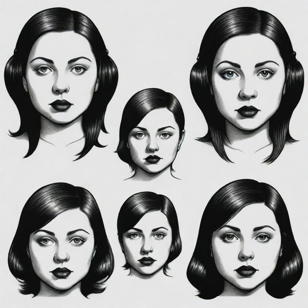 Generate three individual portraits of fat disc jockey girls, drawn in the distinct noir style of Charles Burns