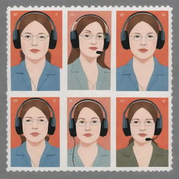 Illustrate three individual portraits of fat disc jockey girls with headphones, in the distinct style of Chris Ware