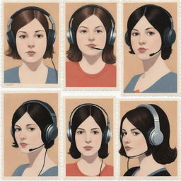 Illustrate three individual portraits of fat disc jockey girls with headphones, in the distinct style of Chris Ware