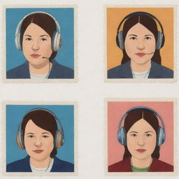 Illustrate three individual portraits of fat disc jockey girls with headphones, in the distinct style of Chris Ware