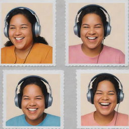 Create three individual portraits of fat, mixed-race, laughing disc jockey girls with headphones, utilizing the distinct style of Chris Ware