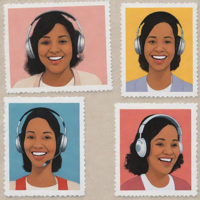 Create three individual portraits of fat, mixed-race, laughing disc jockey girls with headphones, utilizing the distinct style of Chris Ware