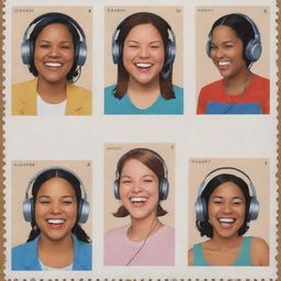 Create three individual portraits of fat, mixed-race, laughing disc jockey girls with headphones, utilizing the distinct style of Chris Ware