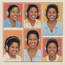 Create three individual portraits of fat, mixed-race, laughing disc jockey girls with headphones, utilizing the distinct style of Chris Ware