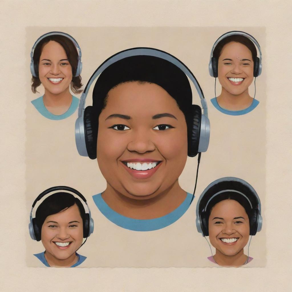 Generate three individual illustrated portraits of fat, laughing, mixed-race disc jockey girls wearing headphones, in the unique style of Chris Ware