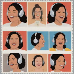 Generate three individual illustrated portraits of fat, laughing, mixed-race disc jockey girls wearing headphones, in the unique style of Chris Ware