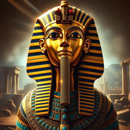 A mesmerizing portrait of the ancient Egyptian pharaoh Tutankhamun, showcasing his iconic gold mask with intricate detailing, set against a backdrop of hieroglyphics and ancient temples in ruins