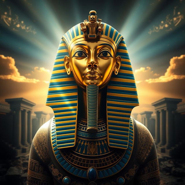 A mesmerizing portrait of the ancient Egyptian pharaoh Tutankhamun, showcasing his iconic gold mask with intricate detailing, set against a backdrop of hieroglyphics and ancient temples in ruins