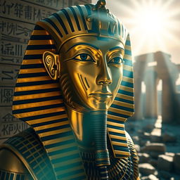 A mesmerizing portrait of the ancient Egyptian pharaoh Tutankhamun, showcasing his iconic gold mask with intricate detailing, set against a backdrop of hieroglyphics and ancient temples in ruins