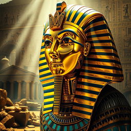 A mesmerizing portrait of the ancient Egyptian pharaoh Tutankhamun, showcasing his iconic gold mask with intricate detailing, set against a backdrop of hieroglyphics and ancient temples in ruins