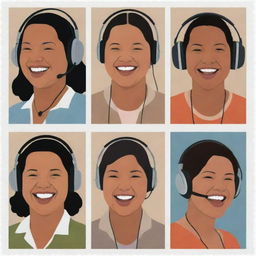 Generate three individual illustrated portraits of fat, laughing, mixed-race disc jockey girls wearing headphones, in the unique style of Chris Ware